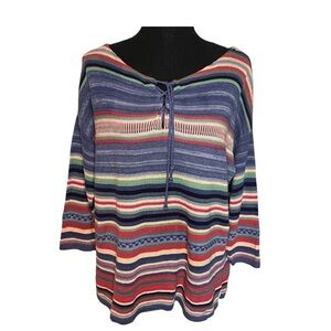 Chaps Denim Multicolor Stripe Knit Top Sz L Lace Up Boho Cottagecore Linen Blend